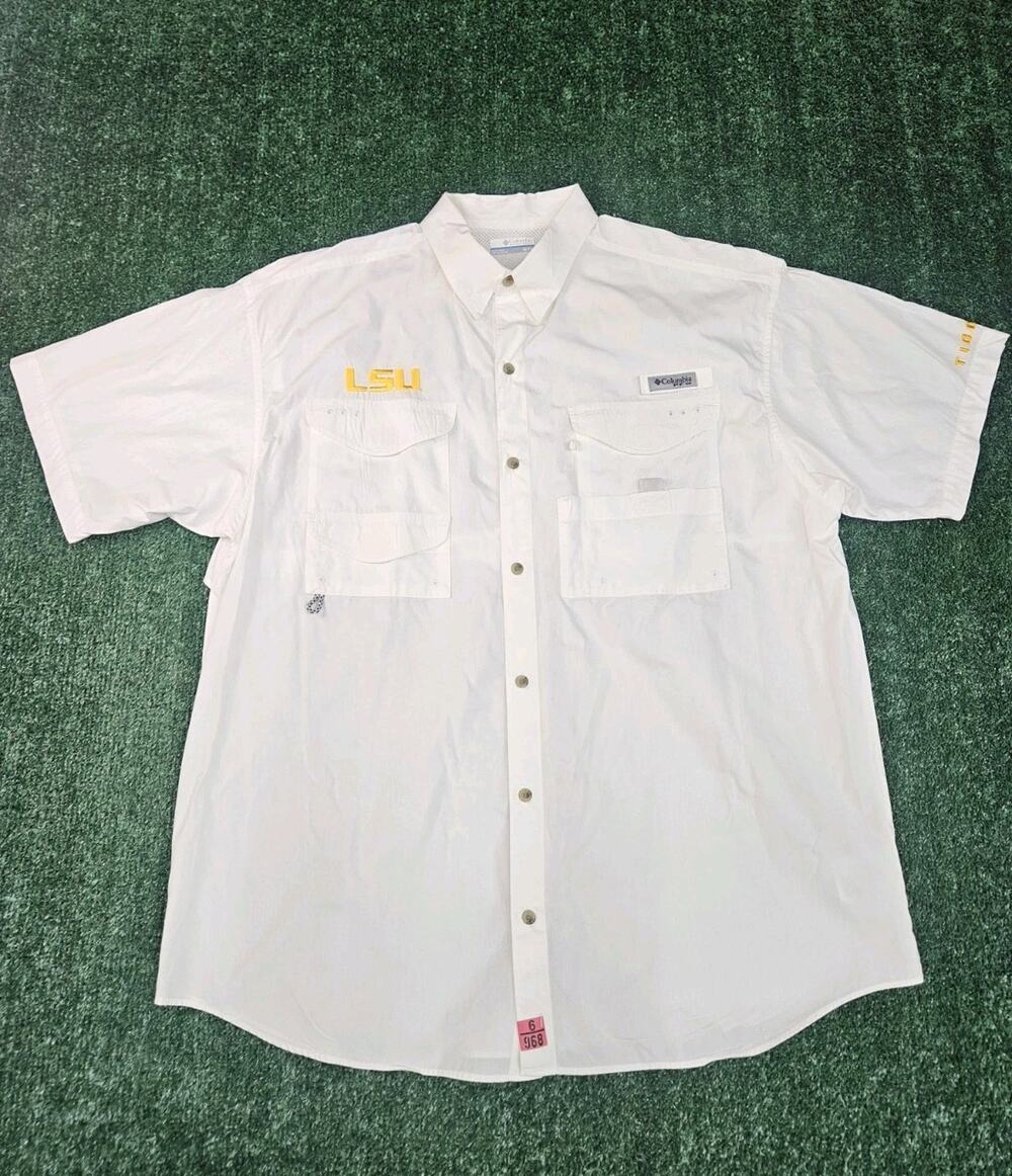 Columbia Mens Shirt XL White PFG LSU Fishing Vented Short Sleeve Button Up